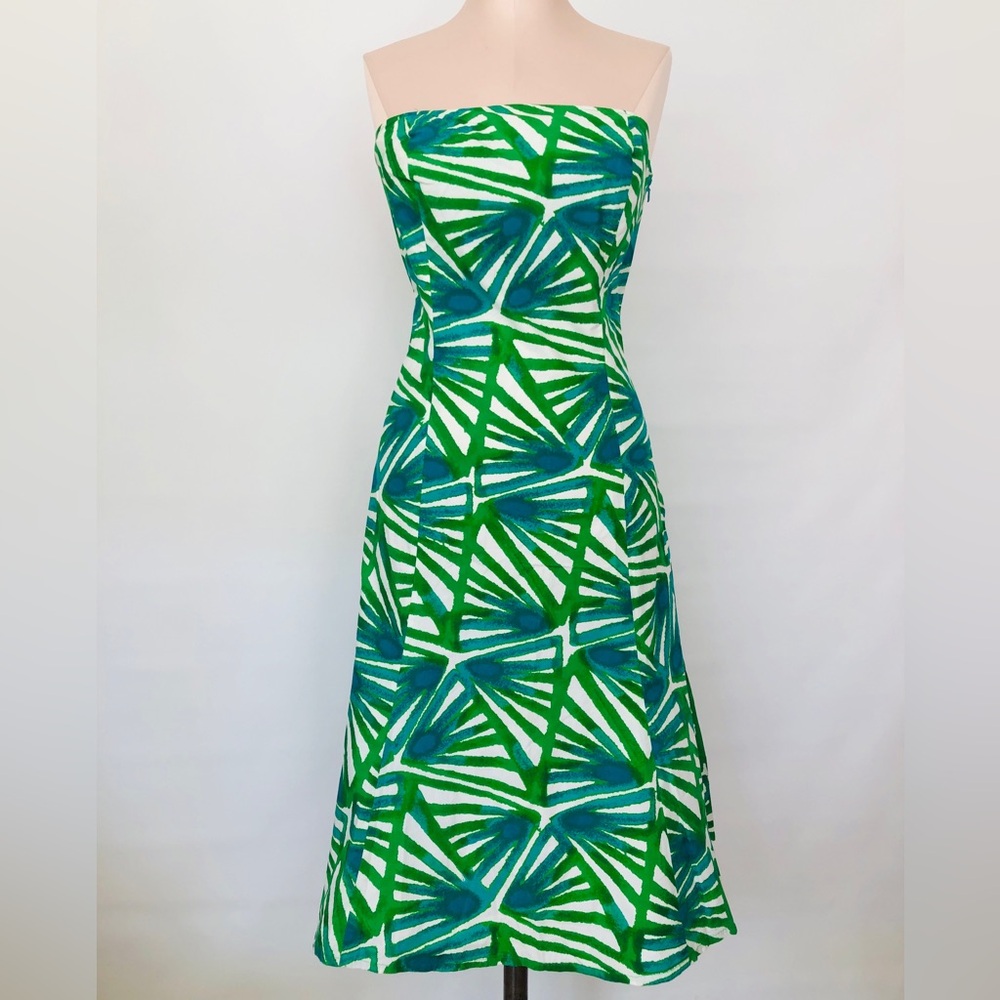 Diane Von furstenberg Strapless Dress green print midi 100% Cotton Cocktail